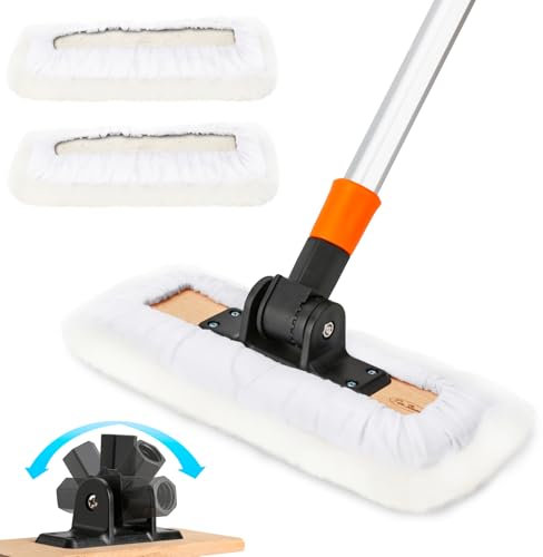 PinStone 4 Pack 10-Inch Lambswool Applicator Kit, 180° Adjustable Lambskin Deck Stain Applicator with 3 Real Lambs Wool Refill Pads, Wood Stain Applicator for Wood Deck, Fence, Floor Wax Staining