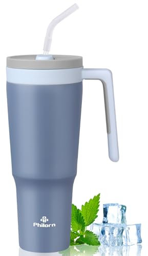Philorn Thermobecher mit Strohhalm 1.2L Großer Trinkflasche, Tumbler Cup Becher mit Deckel und Henkel 1l, Edelstahlbecher Doppelwandiger Trinkbecher für Kaltgetränke, Auslaufsicher Kaffeebecher To Go