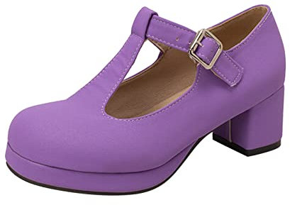 Dinglong Scarpe da donna con zeppa alla moda tinta unita in pelle con fibbia a forma di T punta rotonda spessa scarpe semplici con tacco alto scarpa donna zeppa sandali con zeppa donna estate, viola.,
