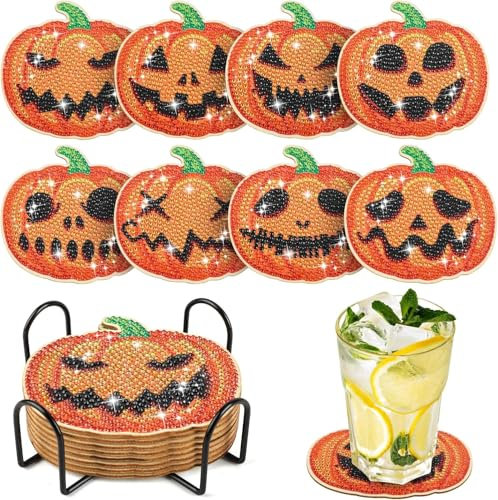 Lot de 8 sous-verres de peinture diamant citrouille d'Halloween avec support, sous-verres en bois décoratifs avec kit de peinture diamant pour adultes, enfants, débutants