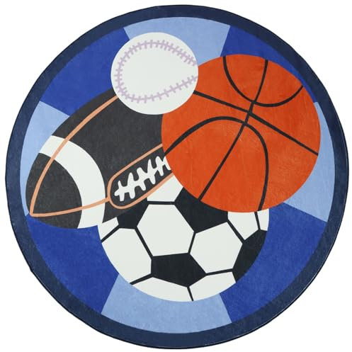 Betadistor Living Room 120CM Round Rug - Modern Football Basketball Print Soft Easy Care | Low Pile | Circle Rug for Study Room, Play Room | Machine Washable 405-09120