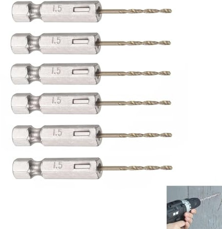 6 Pcs Pilot Drill Bits, High Speed Steel Hex Shank Twist Drill Bit, 1.5mm Drill Bits with 1/4 Inch Hex Shank 60mm Length,for Woodworking Stainless Steel Plastic