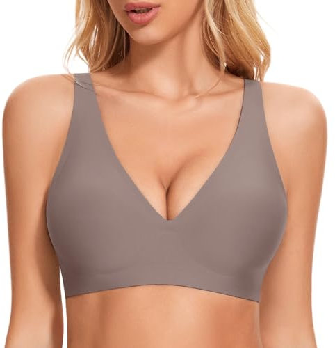 JOYTREE Glatter Bügelloser BH Damen Ohne Bügel mit tiefem V-Ausschnitt Soft Nahtloser BHS Seamless Tshirt Schlaf Bra Klassische Gepolstert Bustier Bequem Bralette Ohne Buegel Grau 3XL