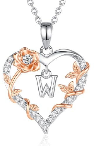 EUDORA Harmony Ball Herz Rosen Kette mit Buchstaben W für Damen mit Zirkonia, Silber Buchstabe Ketten Initialen Halskette Alphabet Anhänger Schmuck mit Namen Geschenke für Frauen Mutter Tochter, 18