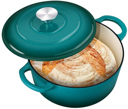 Leonyo - Olla holandesa de hierro fundido esmaltado redondo de 3 cuartos de galón para hornear pan de masa madre, utensilios de cocina resistentes para estofar, guisos, asar, verde lago