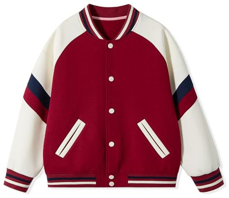 Rolanko Veste de Baseball pour Filles, Style Universitaire D'école avec Poches, Garçons Manteau Aviateur, Blousons pour Enfants, Rouge, 130, 7-8 Ans