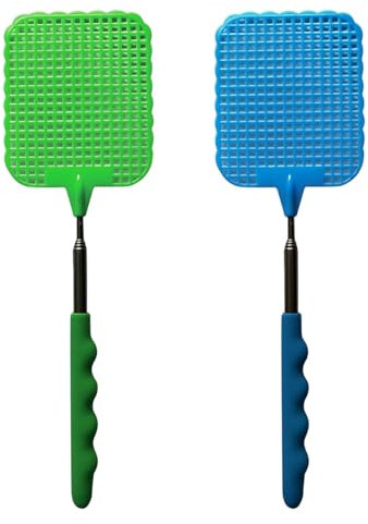 Scacciamosche, 2 pezzi Estensibile Scacciamosche, Scacciamosche Manuale,Portatile Scacciamosche Plastica, per Mosche, Zanzare e Insetti-Blu/Verde