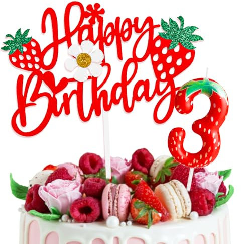 Strawberry Thema Kuchen Deko mit Happy Birthday Tortendeko und Geburtstagskerzen Zahl 3 für 3.Geburtstag Mädchen Junge Kinder Geburtstagsfeier