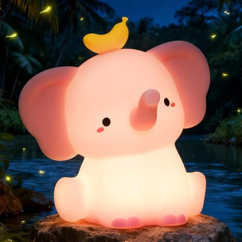 Ammonite Rosa Elefant Nachtlicht, Süßes Silikon Elephant Nachtlicht Kinder mit Dimmbar und Timer, Elefanten Geschenke für Mädchen,Babyzimmer Deko Kawaii Deko,Baby Geschenk Mädchen 3-7 Jahre