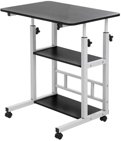 JUNHAO-SHOP Movable Computer Desk Table, 3 Tier Height Adjustable Office Desk with Lockable Wheels, Study Gaming Workstation Table for Sofa Bed 60 x 40 cm x 60-90 cm, Black