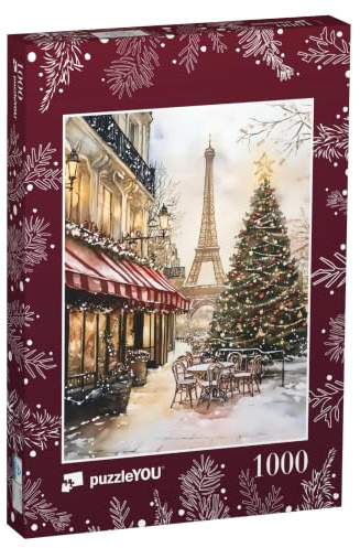 puzzleYOU: Puzzle 1000 Teile „Weihnachten in Paris: Aquarell mit Weihnachtsbaum und Eiffelturm“ – aus der Puzzle-Kollektion Weihnachten