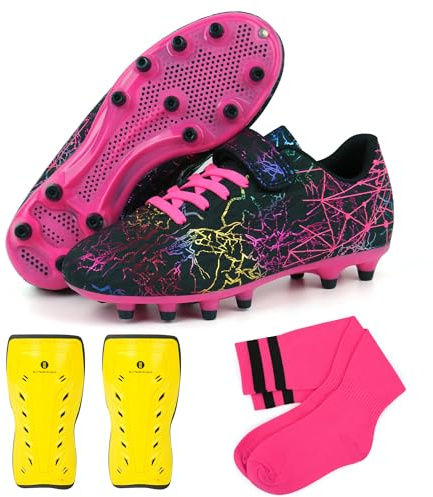 JABASIC Scarpe da Calcio per Bambini e Bambine con Parastinchi e Calzettoni Ideali per Terreni Compatti (28EU,Black Fuchsia)