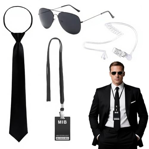 ASFWAGQ Geheimagent Kostüm,4 Stück Men in Black Kostüm Agenten Zubehör,Security Guard Zubehör mit Krawatte,Sonnenbrille,Kartenhalter,Kopfhörer Rohr Faschingskostüme für Erwachsene Cosplay