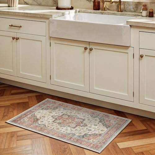 Decoranddecor Persian Washable Rug 60x90cm Bedroom Bath Non-Slip | Beige Bath & Bedside Mat, Machine Washable Rug, Area Rug, 6mm Low Pile, Pet Friendly, Stain Resistant