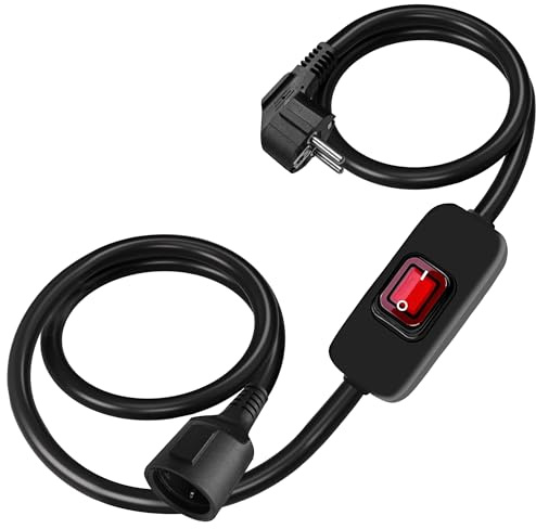 Schwarz Verlängerungskabel mit EIN-Aus-Schalter, 2 m (200 cm), 6 A, 220V-240V, 1400 W, isoliert & flammfest, Netzkabel für Innenbereich