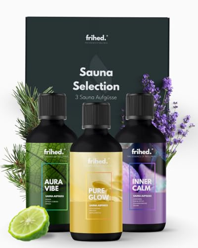 frihed.® Saunaaufguss Set Deep Balance - Saunaöl Aufguss Set mit Lavendel, Bergamotte & Johannisbeere - Geschenkset Sauna - 3x 100 ml Glasflaschen - Made in Lüneburg