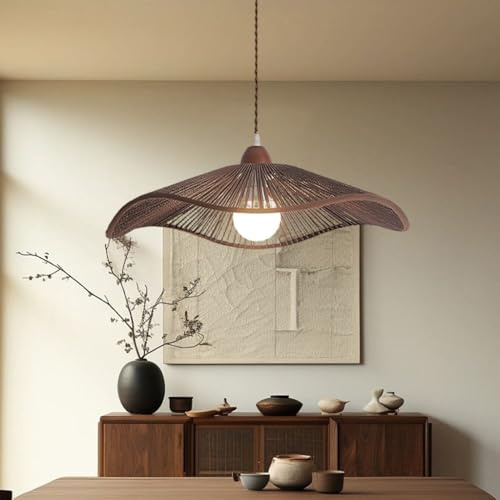 NOCHX Wabisabi Retro Pendelleuchte Japanisches Holz Farbe Kreativ Hand Geweben Hanf Seil Kronleuchter Bohemian Style Einstellbare Höhe Homestay Restaurant Bar Hängeleuchte(Walnut Color,60cm)