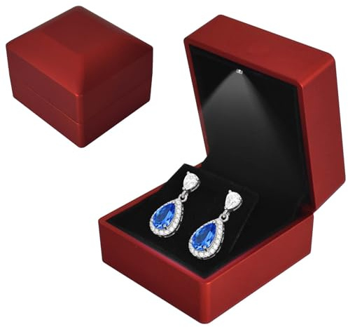Colexy Ohrring-Box mit LED-Licht, LED-Ohrringbox Beleuchtete, Samt Schmuck Geschenkbox mit LEDs-Innenbeleuchtung, Schmuck Präsentationsbox, für Verlobung Heiratsantrag Hochzeit, 5.8 * 6.3 * 5cm, Rota