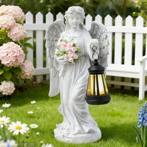 HUIKUANGEU Engel Gartenstatuen,Grabengel,Grabschmuck Wetterfest,Solar Engel Gartenfiguren,Engels für Grab,LED Fairy Engels Figur,Grablicht Outdoor-Deko,Gartendeko für Draußen Wetterfest