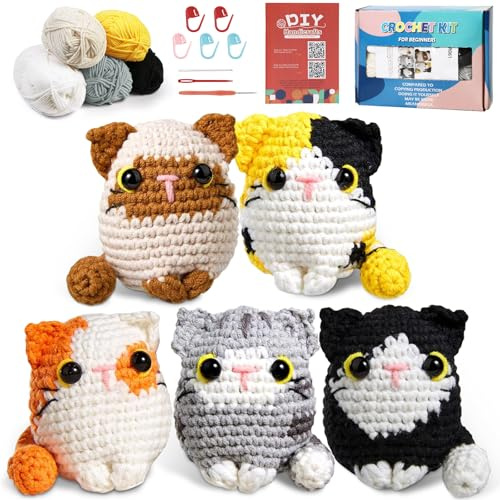 UXORSN Tiere Häkelset für Anfänger 5 Stück Katze Häkel Set für Erwachsene | Häckeln Stricken,DIY Crochet Set für Weihnachten Geschenk, Strickset mit Schritt für Schritt Video Anleitung Häkelnadeln Garn