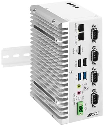 ROUAFWIT Mini PC Industrie Lüfterlos Fanless Embedded Computer J6412 Dual LAN 4COM 4USB 4K60Hz Dual Display Auto Power On DDR4 0G RAM 0G SSD, Barebone