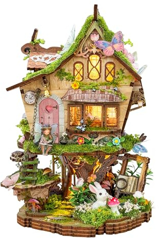 DIY Miniature House Kit - Mini Dollhouse Fantasy Fairy Forest Building kit with LED, 3D Wooden Puzzles Stress Relief Model Kit Gifts for Adults Teens- Rowen's Treehouse(SQ-80)