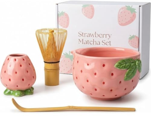 Generisch Matcha Set Erdbeer - Komplettes Set 4-teilig mit Matcha Besen, Matcha Schale - schlichtes Design passend für die Teezeremonie (Rosa Grün)
