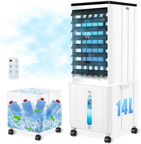 Klimagerät ohne Abluftschlauch, 14L 60W Klimaanlage Mobil mit 12H Timer, 3 Modus, 40dB, 120°Oszillation, Abnehmbare Wassertank, Fernbedienung, Leise Portable Air Conditioner für Wohnung Zimmer Räume