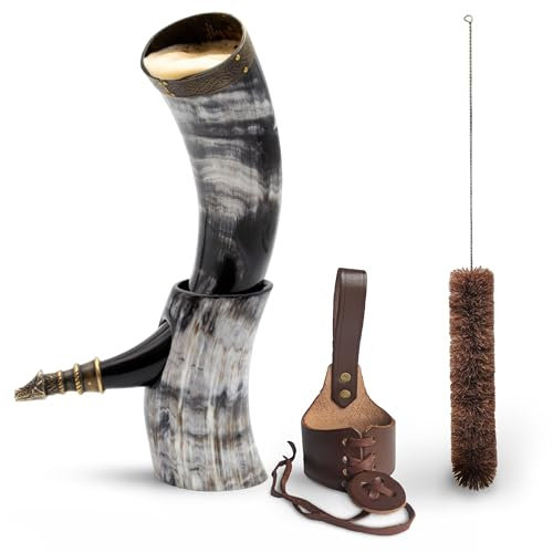 Norse Tradesman Corne de boeuf véritable Viking avec support en corne et ornements de loup en laiton | Sac cadeau en toile de jute inclus | The Jarl, Poli, 30 cm