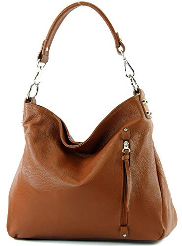 modamoda de T183 Damen Schultertasche Handtasche Tragetasche Echtleder Groß handmade in Italy, Farbe:Cognac