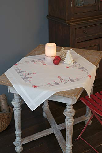 Vervaco Kreuzstich Stickpackungen Tischdecke Weihnachtlich Rot/Grau Stickdecken Vorgezeichnet Basteln Erwachsene Kreativ Set Vorgedruckte Decke Sticken 80 x 80 cm Stickset Sticken Set