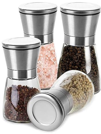Lawei 4er-set Edelstahl Gewürzmühle Set 160ml Salz und Pfeffermühle mit Einstellbar Mahlwerk Chilimühle manueller Salz und Pfefferstreuer