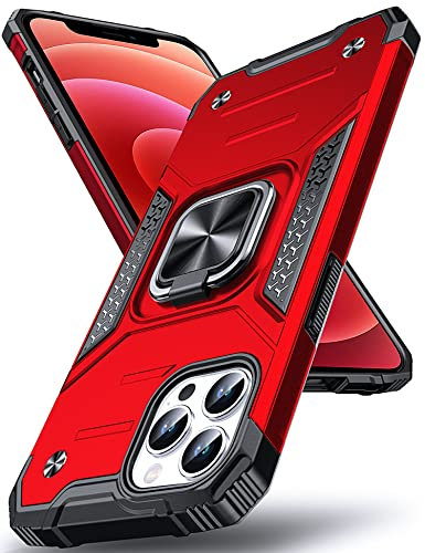 DASFOND Armor Hülle für iPhone 12/ iPhone 12 Pro Case Militär Stoßfest Handyhülle [Upgrade 2.0] 360 Grad Metal Ring Halter Ständer Schutzhülle [für Handyhalterung Auto Magnet], 6,1 Zoll, Rot