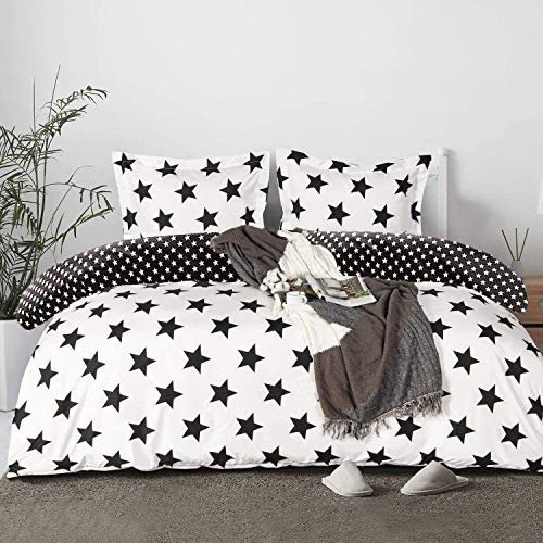 Sacebeleu Bettwäsche 135x200cm 4teilig Schwarz Weiß Sterne Kinder Jungen Mädchen Wendebettwäsche Set Microfaser Bettbezug und Kissenbezug 80x80cm mit Reißverschluss