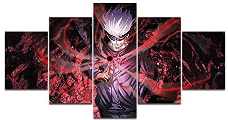 SINGLEAART® Leinwanddrucke,5 Teilige Leinwand,Jujutsu Kaisen Anime,Satoru Gojo,200×100cm,Mit Rahmen,5 Stück Wandbild,Wohnzimmer Dekoration,Modular Wandkunst,Brettmalerei,Geburtstagsgeschenk