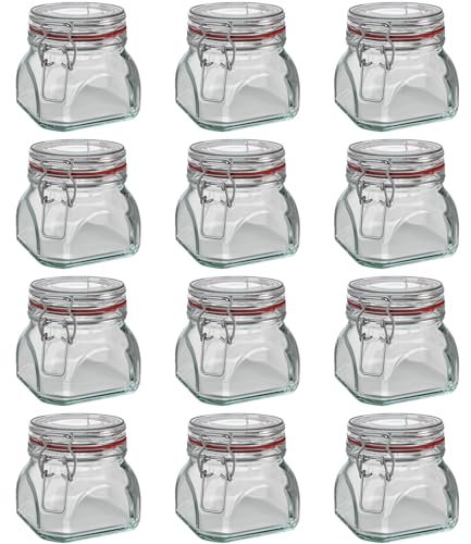 Wellgro Einmachglas mit Bügelverschluss - 550 ml Bügelverschlussglas - Glas Made in Germany - Menge und Farbe wählbar, Farbe:Rot, Stückzahl:12 Stück