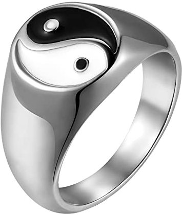 Flongo Herrenring Männer Ring Daumenring Siegelring Bandring Siegel Ringe Biker Silber mit Tai Chi Yin und Yang Herren-Accessoires Größe 54