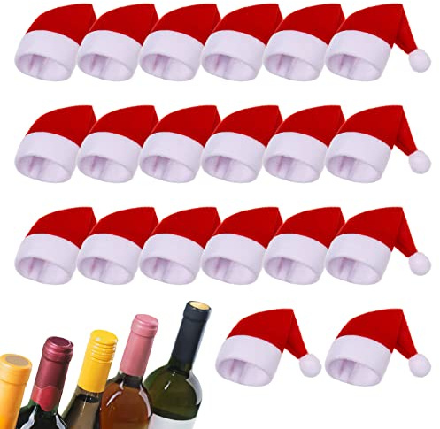 Popuppe 20 Pcs Mini & Lollipop Santa Hats, Bottles Cover Cap, Santa Wine Bottle Topper for Holiday Table Decorations