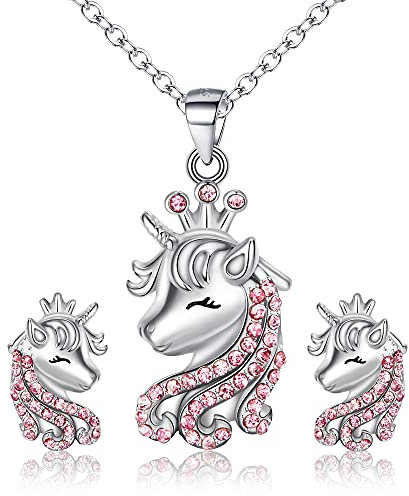 EVER FAITH Parure Argent 925 Femme Fille Licorne Mignonne avec Zircon Collier Boucles d'oreilles Ensemble Cadeau Ton d'argent Rose