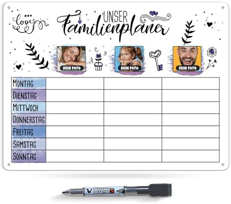 Wochenplaner abwischbar & magnetisch - Familienplaner mit 4 Fotos selbst gestalten - Whiteboard für 4 Personen, inkl. Marker - Familie, Küche, Kalender, Organisation, Planung I Personalisierbar, A3