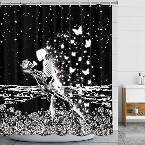 LGhtyro Duschvorhang mit Totenkopf-Skelett-Liebhabern, 152x180 cm, Gothic, Schwarz, Weiß, Zucker, gruselig, Halloween, Duschvorhang, florales Badewannenzubehör, Dekor für Männer und Frauen