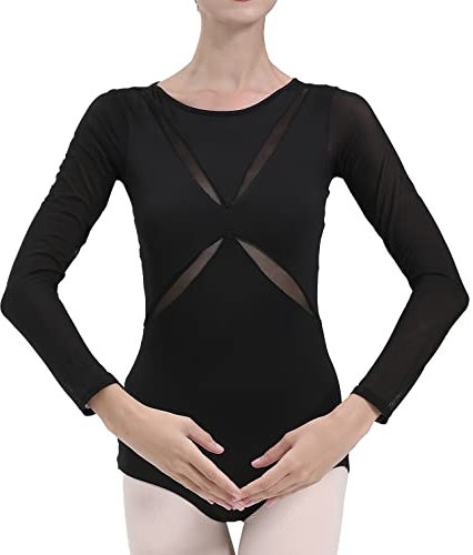 Dance Elite Pixen Langärmeliger Gymnastikanzug für Damen, mit X-Lamellen-Design, Gymnastikanzug für Damen, Tanzmode, Schwarz, Erwachsene Large