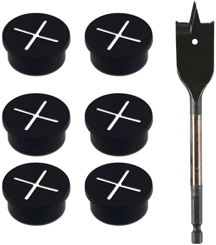 BESTYCHAO Flexible Silikon-Kabeldurchführung, 6 Stück 2,5 cm Schreibtischdurchführung mit 1 Bohrer für Schreibtisch, Tisch und andere Möbellochabdeckung, Kabelmanagement (Schwarz)