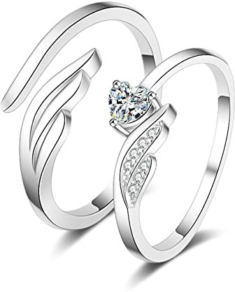 Freundschaftsringe Verstellbar, Freundschaftsringe Silber mit Engelsflügel Herz Paar Verstellbare Band Schmuck Geschenk