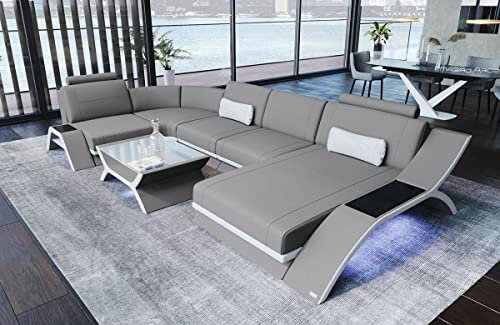 Sofa Wohnlandschaft Calabria - mit LED Beleuchtung, verstellbare Kopfstützen, Recamiere/Mikrofaser/Ausrichtung wählbar (Ottomane rechts, Weiss-Hellgrau)