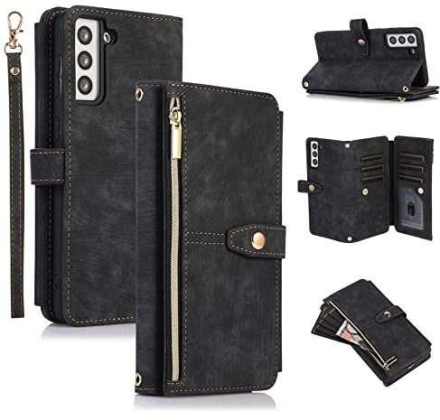 UEEBAI Hülle für Samsung Galaxy A34 5G, 9 Kartenfäche Retro Leder Geldbörs Flip Case mit Umhängegurt Handschlaufe Standfunktion Reißverschluss Handyhülle Magnetverschluss Wallet – Retro Schwarz