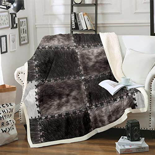Kuhfell Decke 100x130 für Erwachsene Jugend Jungen Mädchen,Patchwork Kuhfell Druck Fleece Decke Highland Kuhfell Decke Werfen Retro Bauernhaus Dekor Fuzzy Decke Wilde Tier Haut Westerm Wohndekor