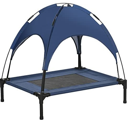 PawHut Erhöhtes Hundebett mit Baldachin, Haustierbett, Hundeliege Outdoor mit Dach, Atmungsaktiv, Taftstoff für Camping Dunkelblau 76 x 61 x 73 cm