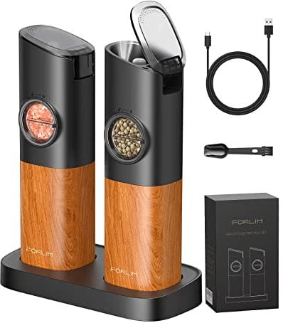 FORLIM Elektrische Salz und Pfeffermühle Set,Pfeffermühle mit Wiederaufladbarer Basis,Automatischer Salzmühle mit LED-Licht,mit Einstellbare Grobheit,aus Edelstahl,für Küche und BBQ,2er Pack,Woodgrain