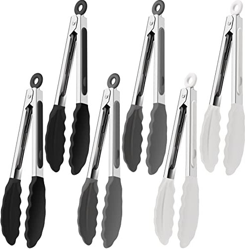 6 piccole pinze in silicone, 17,8 cm, mini pinze da portata con punte in silicone, resistenti al calore, pinze da cucina in acciaio inox e silicone, per insalata, cibo, friggere, barbecue (nero
